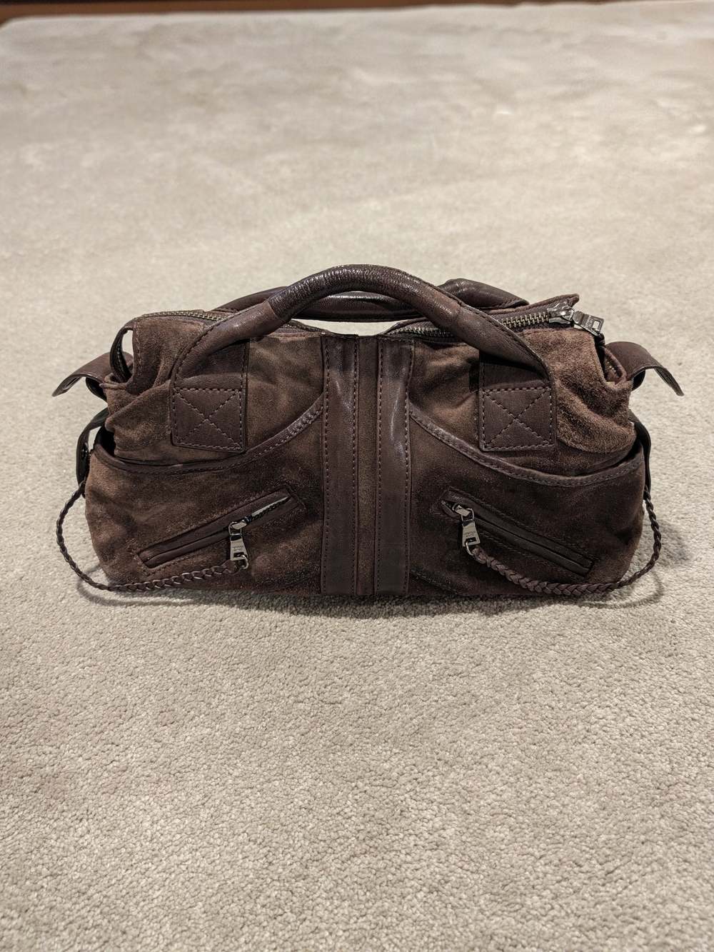 Andrew Marc Brown Suede Leather Satchel Vintage Moto Style